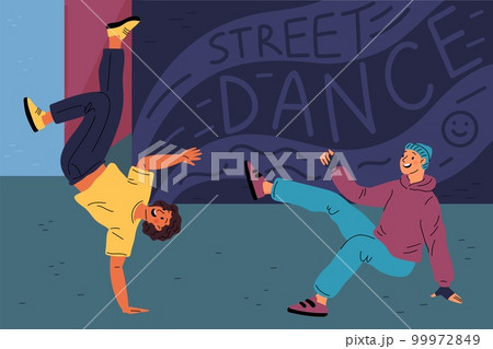 Dancers on street. Young people jumping and move rhythmically to music. Modern style. Hip hop or shuffle choreography. Freestyle dance battle. Outdoor disco show. Garish vector concept Dancers on street. Young people jumping and move rhythmically to music. Modern style. Hip hop or shuffle choreography. Freestyle dance battle. Outdoor disco show. Garish vector concept 99972849