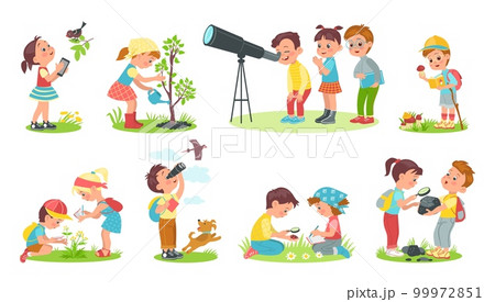 Children study nature. Outdoor lessons. Kids learn world. Curious boys and girls. Young naturalists observe phenomena. Teenagers planting trees and exploring animals. Splendid vector set 99972851