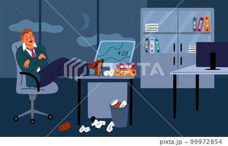 Cartoon tired people. Businessman asleep in office workplace. Accumulated fatigue. Exhausted employee napping at work table. Overworked manager. Sleeping worker. Garish vector concept Cartoon tired people. Businessman asleep in office workplace. Accumulated fatigue. Exhausted employee napping at work table. Overworked manager. Sleeping worker. Garish vector concept 99972854