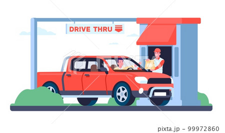 Drive thru fast food restaurant. Employee selling snacks to client in car. Worker serving customer or driver. Takeaway lunch. Automobile retail shop. Auto cafe service. Vector concept 99972860