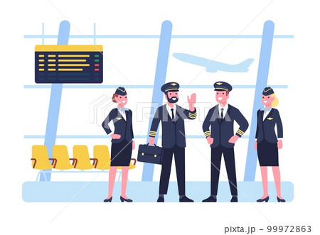 Crew pilots and stewardesses stand in airport building. Airplane captain and attendants in waiting hall. Airline staff. Professional employees. Men or women in uniform. Vector concept Crew pilots and stewardesses stand in airport building. Airplane captain and attendants in waiting hall. Airline staff. Professional employees. Men or women in uniform. Vector concept 99972863