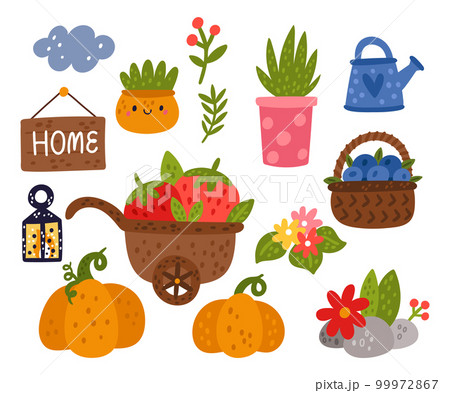 Cartoon garden. Cute flowers or vegetables. Gardening wheelbarrow with strawberries. Watering can. Autumn pumpkin harvest. Blossoms and leaves. Home lantern. Vector isolated elements set 99972867