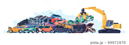 Car dump with metal piles of old or broken machines. Steel crane lifting automobile. Auto scrap. Damaged vehicles junkyard. Transport recycling. Landfill garbage heap. Vector concept Car dump with metal piles of old or broken machines. Steel crane lifting automobile. Auto scrap. Damaged vehicles junkyard. Transport recycling. Landfill garbage heap. Vector concept 99972870
