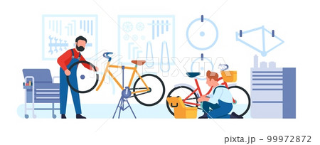 Bicycle repair shop. Bike workshop. Cycle maintenance. Men change wheel tires and chains. Repairman work in garage. Professional service. Serviceman with wrench and toolkit. Vector concept 99972872