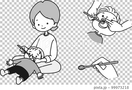仕上げ磨き セット 母子 歯磨き_モノクロ 99973218