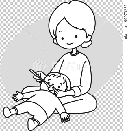 仕上げ磨き 姿勢 母子 歯磨き_モノクロ(灰背景) 99973223