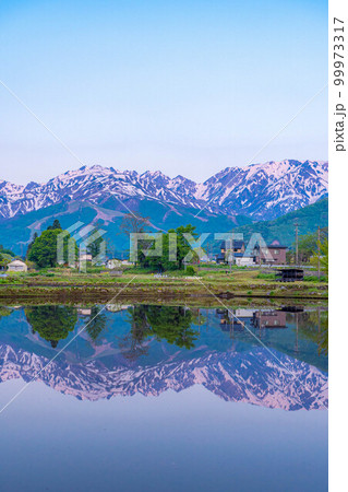【初夏素材】白馬村のモルゲンロートと水鏡【長野県】 99973317