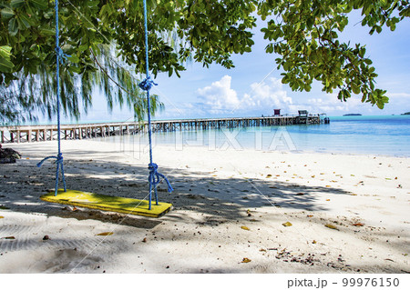 パラオ共和国 カープ島のブランコと桟橋、青い海と白い砂浜のリゾート パラオ共和国 カープ島のブランコと桟橋、青い海と白い砂浜のリゾート 99976150