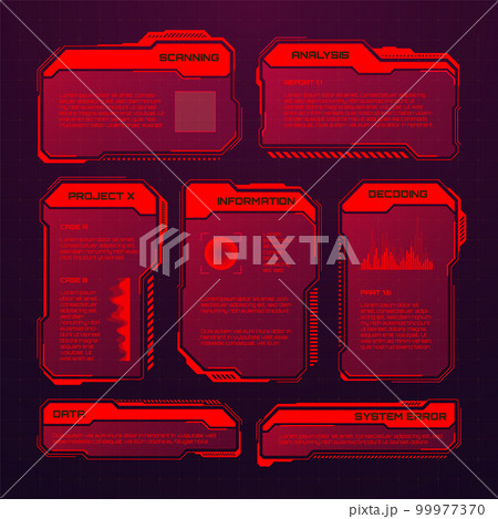 Red futuristic HUD or UI elements. Sci-fi user interface text boxes, callouts. Warning message frames, information boxes template. Modern game interface layout in digital style. Vector illustration 99977370