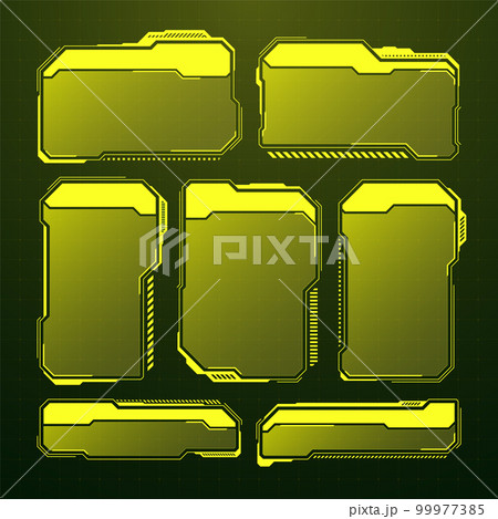 Yellow futuristic HUD, UI elements. Sci-fi user interface text boxes, callouts. Warning message frames, information boxes template. Modern game interface layout in digital style. Vector illustration 99977385