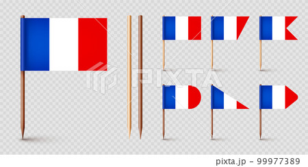 Realistic various French toothpick flags. Souvenir from France. Wooden toothpicks with paper flag. Location mark, map pointer. Blank mockup for advertising and promotions. Vector illustration 99977389