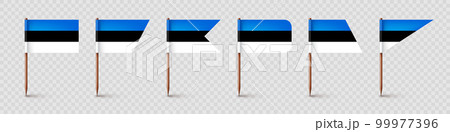 Realistic various Estonian toothpick flags. Souvenir from Estonia. Wooden toothpicks with paper flag. Location mark, map pointer. Blank mockup for advertising and promotions. Vector illustration Realistic various Estonian toothpick flags. Souvenir from Estonia. Wooden toothpicks with paper flag. Location mark, map pointer. Blank mockup for advertising and promotions. Vector illustration 99977396