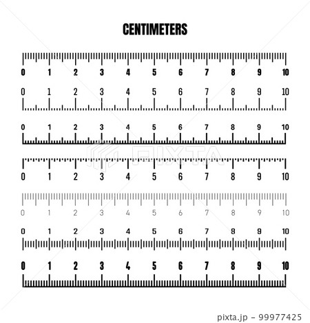 Realistic black centimeter scale for measuring length or height. Various measurement scales with divisions. Ruler, tape measure marks, size indicators. Vector illustration 99977425