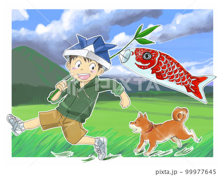 鯉のぼりと少年背景あり 99977645