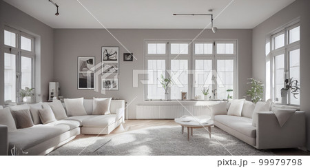 Stylish scandinavian living room with design mint sofa, furnitures, mock up poster map, plants and elegant personal accessories. Modern home decor. Bright and sunny room. Generative AI illustration. 99979798
