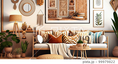 Stylish scandinavian living room with design mint sofa, furnitures, mock up poster map, plants and elegant personal accessories. Modern home decor. Bright and sunny room. Generative AI illustration. 99979822
