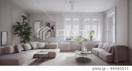 Stylish scandinavian living room with design mint sofa, furnitures, mock up poster map, plants and elegant personal accessories. Modern home decor. Bright and sunny room. Generative AI illustration. 99980015