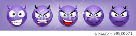 Cartoon emoji, emoticons collection. Violet face with emotions, mood. Facial expression, realistic emoji. Sad, happy, angry faces. Funny character with smiling face. Vector illustration Cartoon emoji, emoticons collection. Violet face with emotions, mood. Facial expression, realistic emoji. Sad, happy, angry faces. Funny character with smiling face. Vector illustration 99980071