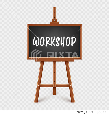 Realistic black chalkboard on wooden easel. Blackboard in wooden frame on a tripod. Presentation board with text, writing or drawing surface. Online studying, learning mockup. Vector illustration Realistic black chalkboard on wooden easel. Blackboard in wooden frame on a tripod. Presentation board with text, writing or drawing surface. Online studying, learning mockup. Vector illustration 99980077