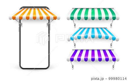 Smartphone with shop sunshade and metal mount, online internet shopping. Realistic striped cafe awning. Outdoor market tent. Roof canopy. Summer street store. Vector illustration 99980114
