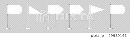 Realistic various table flags on a chrome steel pole. Blank white desk flag made of paper or fabric. Shiny metal stand. Mockup for promotion and advertising. Vector illustration 99980141