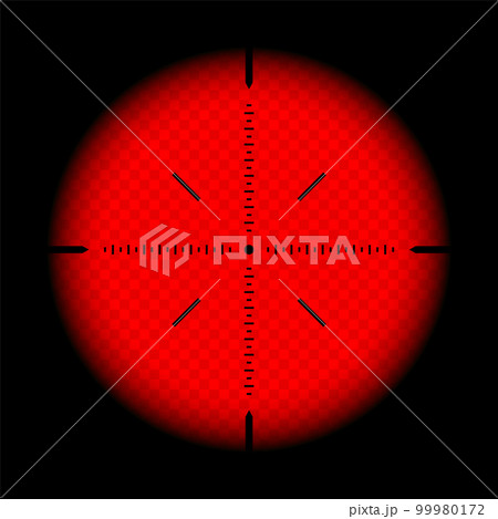 Various weapon thermal infrared sight, sniper rifle optical scope. Hunting gun viewfinder with crosshair. Aim, shooting mark symbol. Military target sign. Game UI element. Vector illustration 99980172