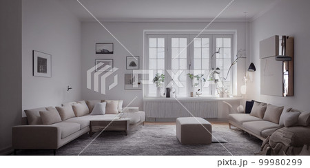 Stylish scandinavian living room with design mint sofa, furnitures, mock up poster map, plants and elegant personal accessories. Modern home decor. Bright and sunny room. Generative AI illustration. Stylish scandinavian living room with design mint sofa, furnitures, mock up poster map, plants and elegant personal accessories. Modern home decor. Bright and sunny room. Generative AI illustration. 99980299