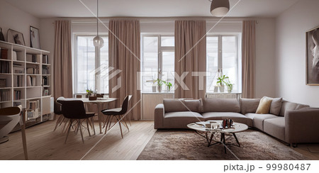 Stylish scandinavian living room with design mint sofa, furnitures, mock up poster map, plants and elegant personal accessories. Modern home decor. Bright and sunny room. Generative AI illustration. 99980487