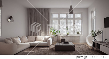 Stylish scandinavian living room with design mint sofa, furnitures, mock up poster map, plants and elegant personal accessories. Modern home decor. Bright and sunny room. Generative AI illustration. 99980649