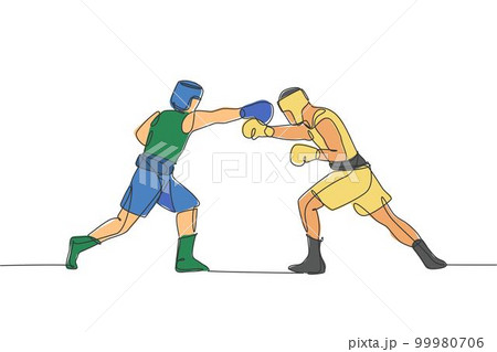 One single line drawing of two young energetic men boxer attack each other at boxing match vector illustration. Sport combative training concept. Modern continuous line draw design for boxing banner 99980706