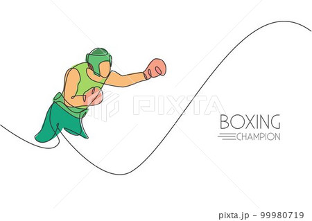 One single line drawing of young energetic man boxer practice his hook punch vector illustration. Sport combative training concept. Modern continuous line draw design for boxing championship banner 99980719