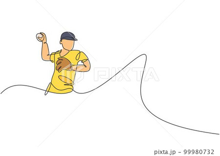 One single line drawing of young energetic man baseball player