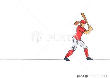 One single line drawing of young energetic woman baseball player practice to hit the ball vector illustration. Sport training concept. Modern continuous line draw design for baseball tournament banner 99980753