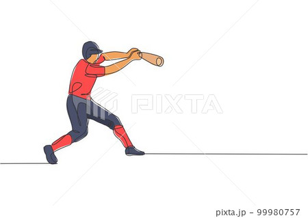 One single line drawing of young energetic man baseball player practice to hit the ball vector illustration. Sport training concept. Modern continuous line draw design for baseball tournament banner One single line drawing of young energetic man baseball player practice to hit the ball vector illustration. Sport training concept. Modern continuous line draw design for baseball tournament banner 99980757