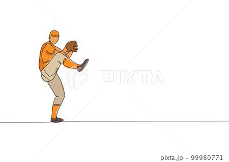 One single line drawing of young energetic man baseball player practice to throw the ball vector illustration. Sport training concept. Modern continuous line draw design for baseball tournament banner One single line drawing of young energetic man baseball player practice to throw the ball vector illustration. Sport training concept. Modern continuous line draw design for baseball tournament banner 99980771