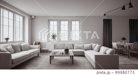 Stylish scandinavian living room with design mint sofa, furnitures, mock up poster map, plants and elegant personal accessories. Modern home decor. Bright and sunny room. Generative AI illustration. Stylish scandinavian living room with design mint sofa, furnitures, mock up poster map, plants and elegant personal accessories. Modern home decor. Bright and sunny room. Generative AI illustration. 99980773