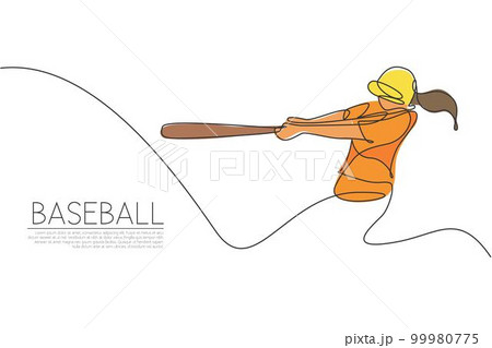 Continuous one line drawing of baseball player batter hit the ball