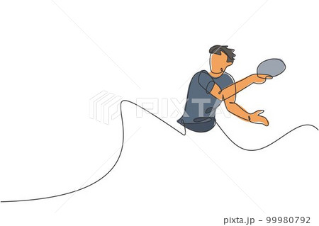 One single line drawing of young energetic man table tennis player ready to hit the ball vector illustration. Sport training concept. Modern continuous line draw design for ping pong tournament banner 99980792