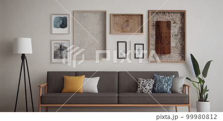 Stylish scandinavian living room with design mint sofa, furnitures, mock up poster map, plants and elegant personal accessories. Modern home decor. Bright and sunny room. Generative AI illustration. 99980812