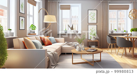 Stylish scandinavian living room with design mint sofa, furnitures, mock up poster map, plants and elegant personal accessories. Modern home decor. Bright and sunny room. Generative AI illustration. 99980813