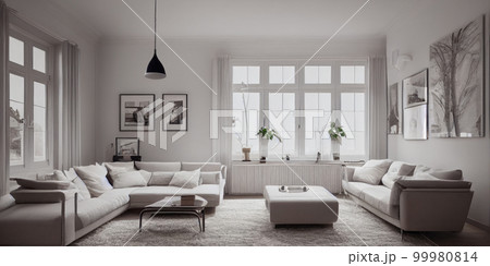 Stylish scandinavian living room with design mint sofa, furnitures, mock up poster map, plants and elegant personal accessories. Modern home decor. Bright and sunny room. Generative AI illustration. 99980814