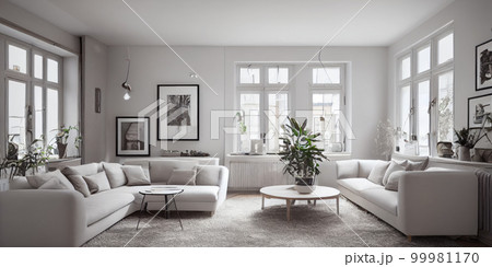 Stylish scandinavian living room with design mint sofa, furnitures, mock up poster map, plants and elegant personal accessories. Modern home decor. Bright and sunny room. Generative AI illustration. 99981170