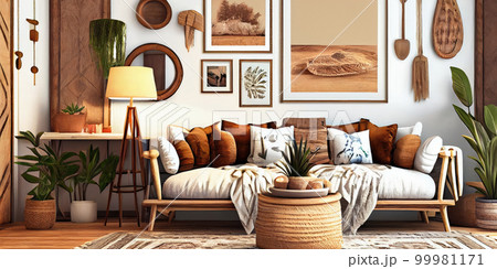 Stylish scandinavian living room with design mint sofa, furnitures, mock up poster map, plants and elegant personal accessories. Modern home decor. Bright and sunny room. Generative AI illustration. 99981171