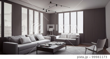 Stylish scandinavian living room with design mint sofa, furnitures, mock up poster map, plants and elegant personal accessories. Modern home decor. Bright and sunny room. Generative AI illustration. 99981173