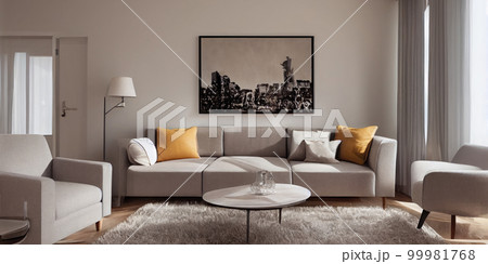 Stylish scandinavian living room with design mint sofa, furnitures, mock up poster map, plants and elegant personal accessories. Modern home decor. Bright and sunny room. Generative AI illustration. Stylish scandinavian living room with design mint sofa, furnitures, mock up poster map, plants and elegant personal accessories. Modern home decor. Bright and sunny room. Generative AI illustration. 99981768