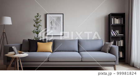 Stylish scandinavian living room with design mint sofa, furnitures, mock up poster map, plants and elegant personal accessories. Modern home decor. Bright and sunny room. Generative AI illustration. 99981824