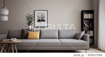 Stylish scandinavian living room with design mint sofa, furnitures, mock up poster map, plants and elegant personal accessories. Modern home decor. Bright and sunny room. Generative AI illustration. Stylish scandinavian living room with design mint sofa, furnitures, mock up poster map, plants and elegant personal accessories. Modern home decor. Bright and sunny room. Generative AI illustration. 99981996