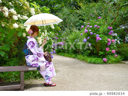 お寺に咲く紫陽花と浴衣姿の女性 99982634