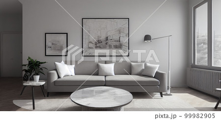 Stylish scandinavian living room with design mint sofa, furnitures, mock up poster map, plants and elegant personal accessories. Modern home decor. Bright and sunny room. Generative AI illustration. Stylish scandinavian living room with design mint sofa, furnitures, mock up poster map, plants and elegant personal accessories. Modern home decor. Bright and sunny room. Generative AI illustration. 99982905