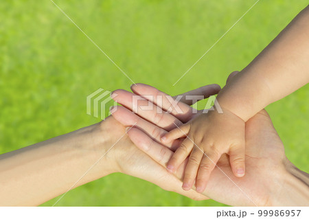 芝の上で幼い子供と両親が手の平を重ねるクローズアップ。家族、愛情のイメージ 99986957